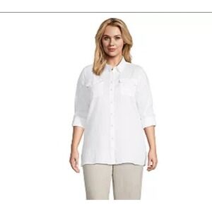 Land's End Womens 3x Plus White Linen Button Up Utility Shirt Tunic Length NEW